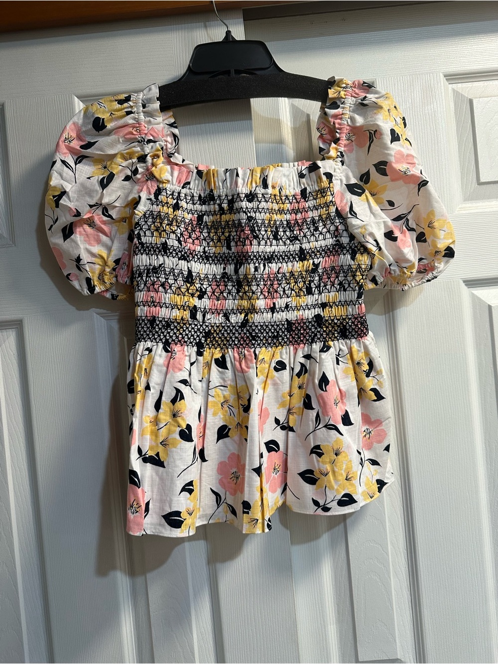 kate spade White Floral Smocked Puff-Sleeve Peplum Top with Pink & Yellow Blooms